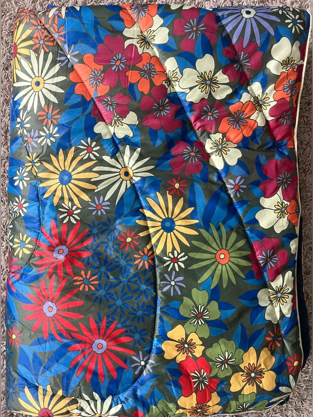 Rumpl Original Puffy Blanket Flower Crown 1 Person Reversible Blue Floral 51x72